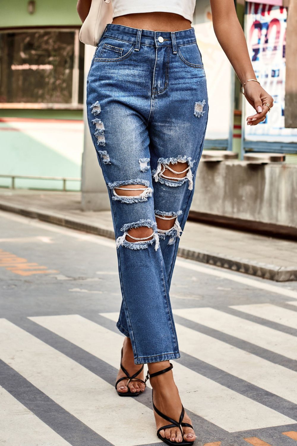 Distressed Buttoned Jeans with Pockets Print on any thing USA/STOD clothes