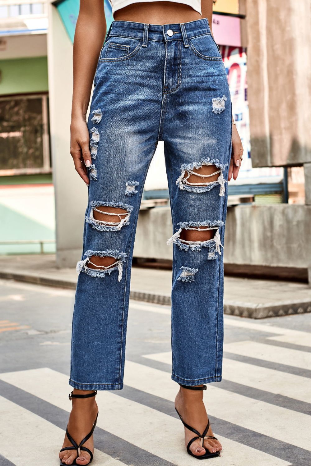 Distressed Buttoned Jeans with Pockets Print on any thing USA/STOD clothes