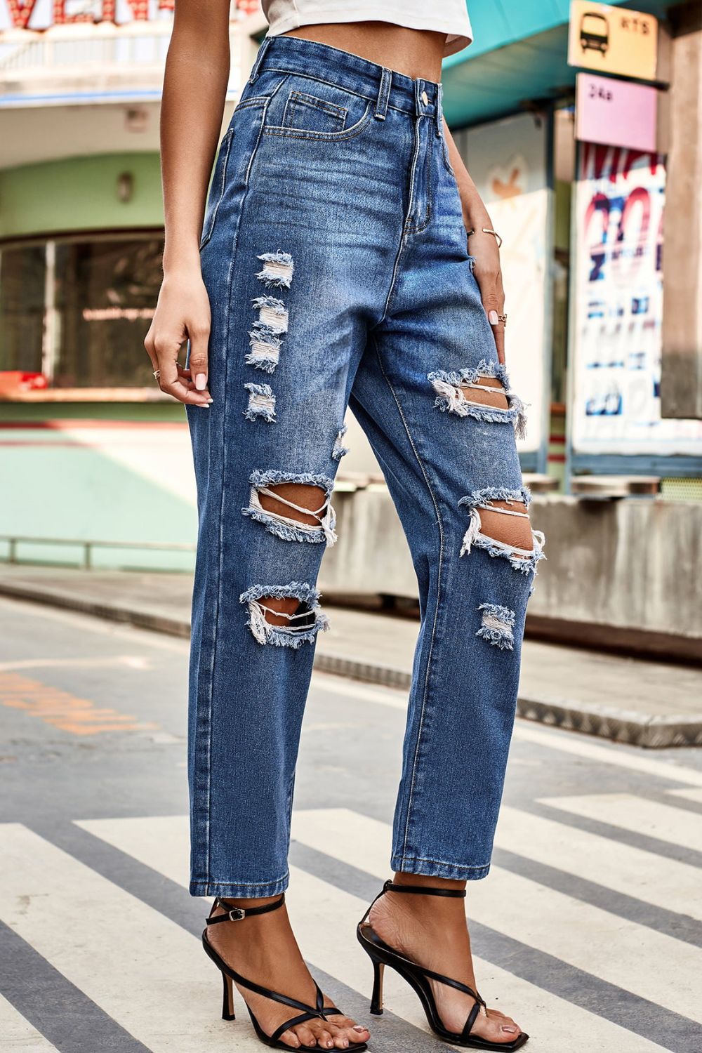 Distressed Buttoned Jeans with Pockets Print on any thing USA/STOD clothes