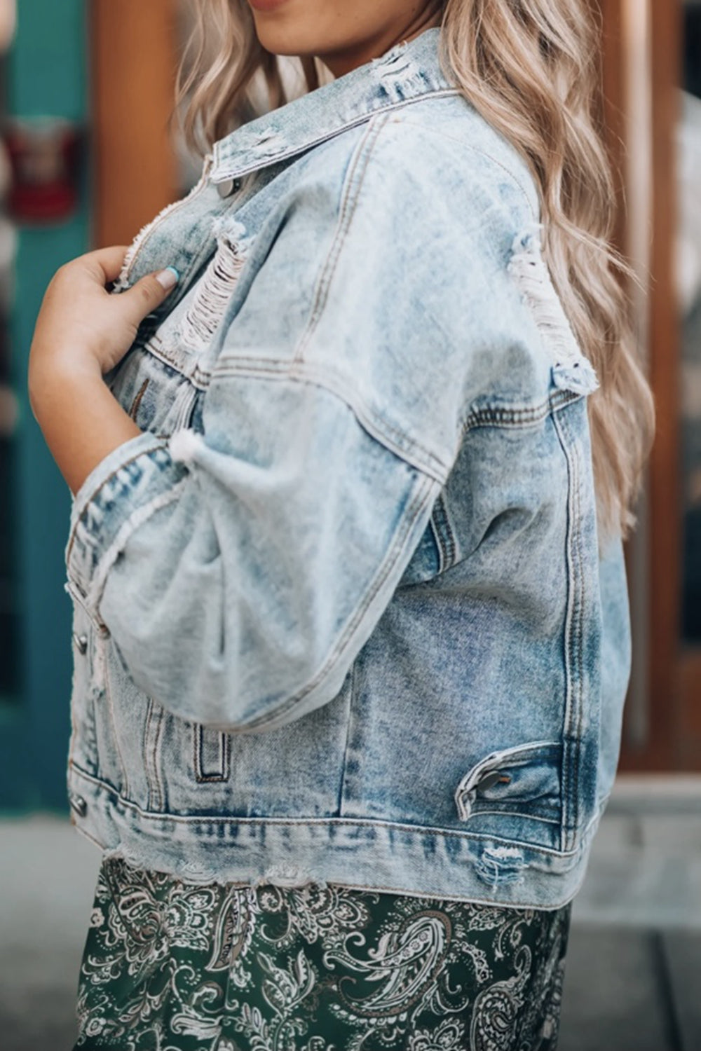 Distressed Drop Shoulder Denim Jacket Print on any thing USA/STOD clothes