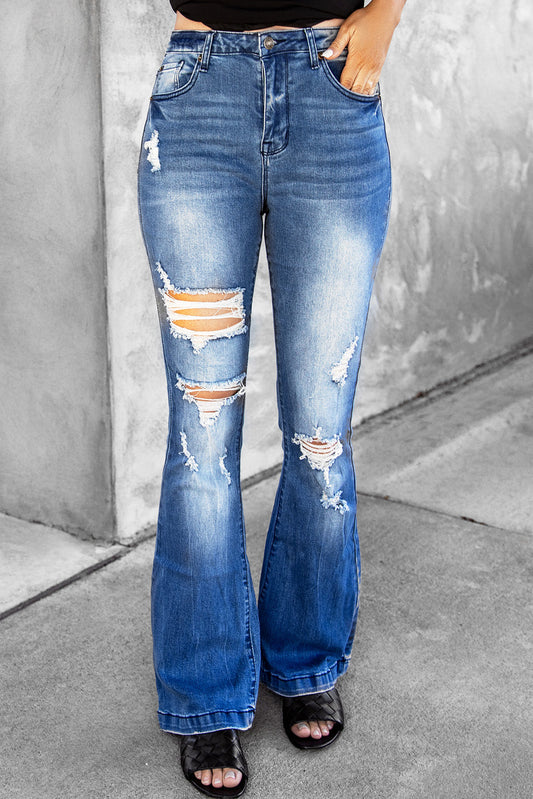 Distressed Flare Leg Jeans with Pockets Print on any thing USA/STOD clothes