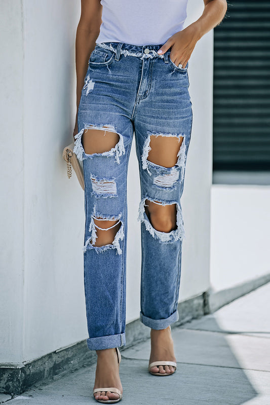 Distressed Frayed Trim Straight Leg Jeans Print on any thing USA/STOD clothes