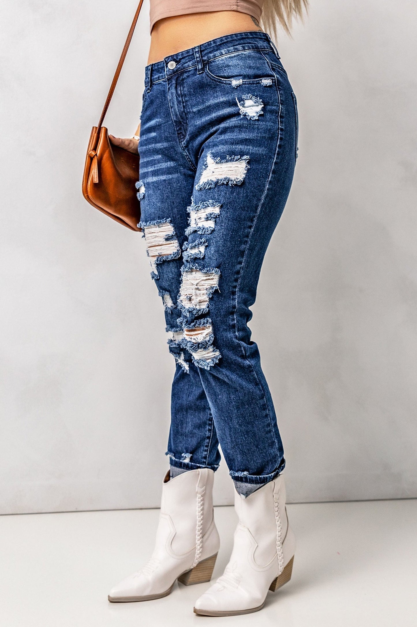 Distressed High Waist Jeans with Pockets Print on any thing USA/STOD clothes