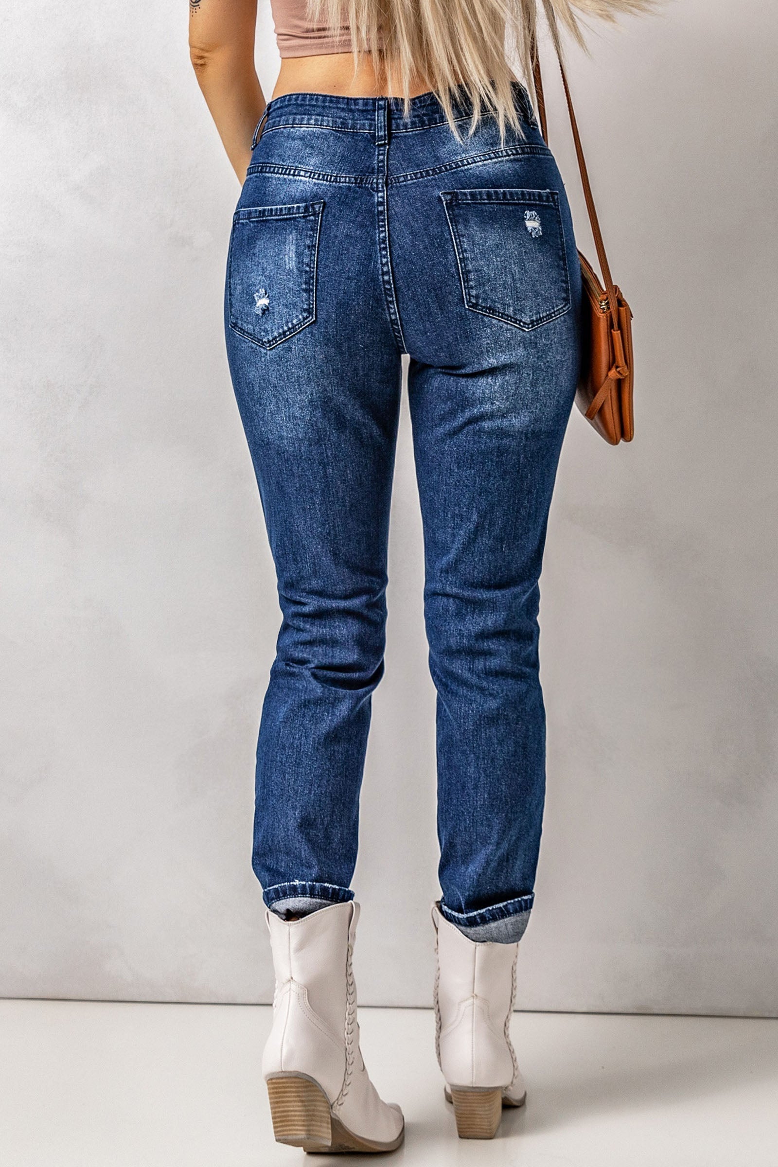 Distressed High Waist Jeans with Pockets Print on any thing USA/STOD clothes