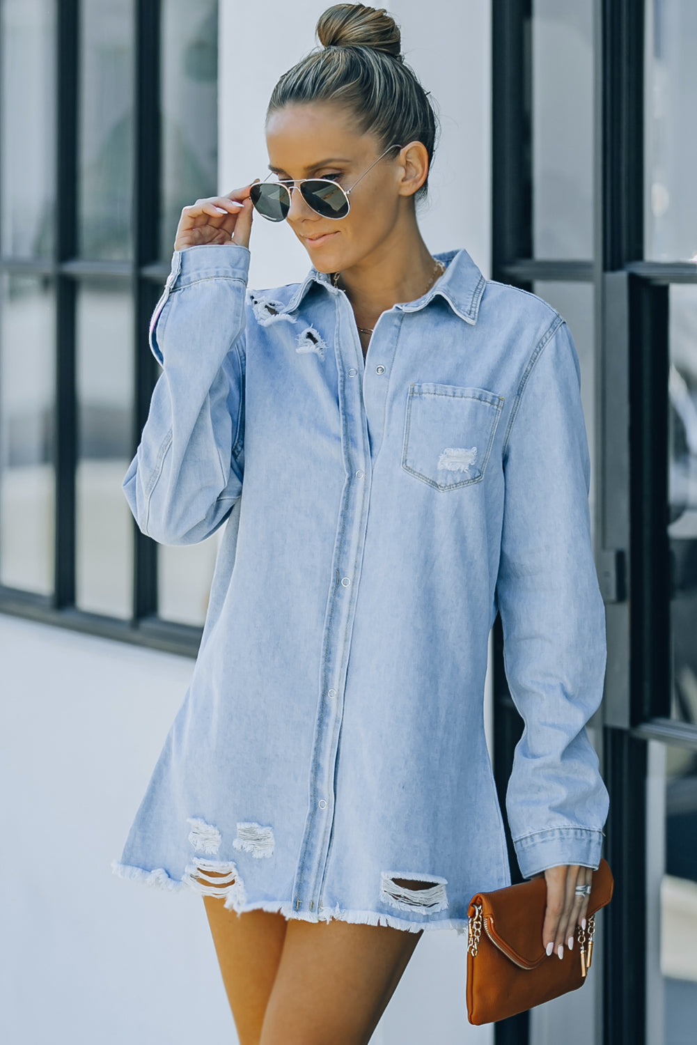 Distressed Snap Down Denim Shirt Print on any thing USA/STOD clothes