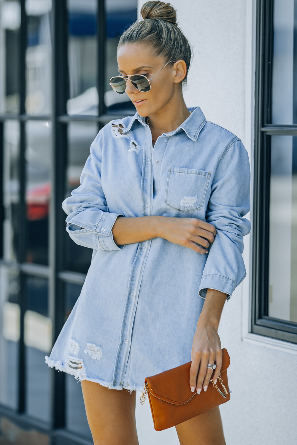 Distressed Snap Down Denim Shirt Print on any thing USA/STOD clothes