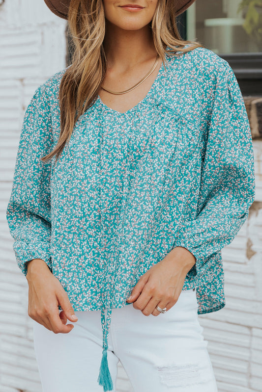 Ditsy Floral Tassel Tie High-Low Blouse Print on any thing USA/STOD clothes