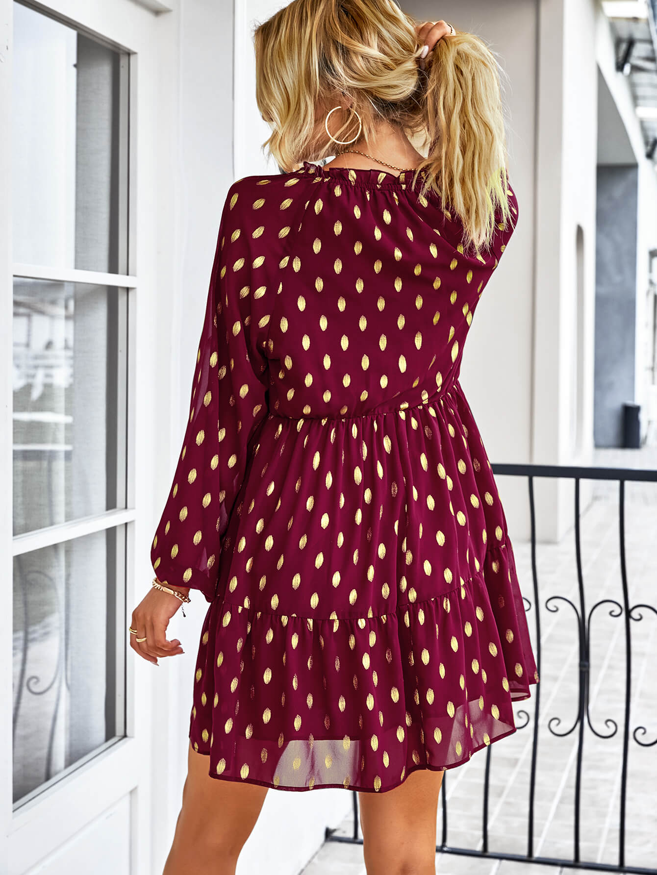Dotted Tie-Neck Frill Trim Tiered Dress Print on any thing USA/STOD clothes