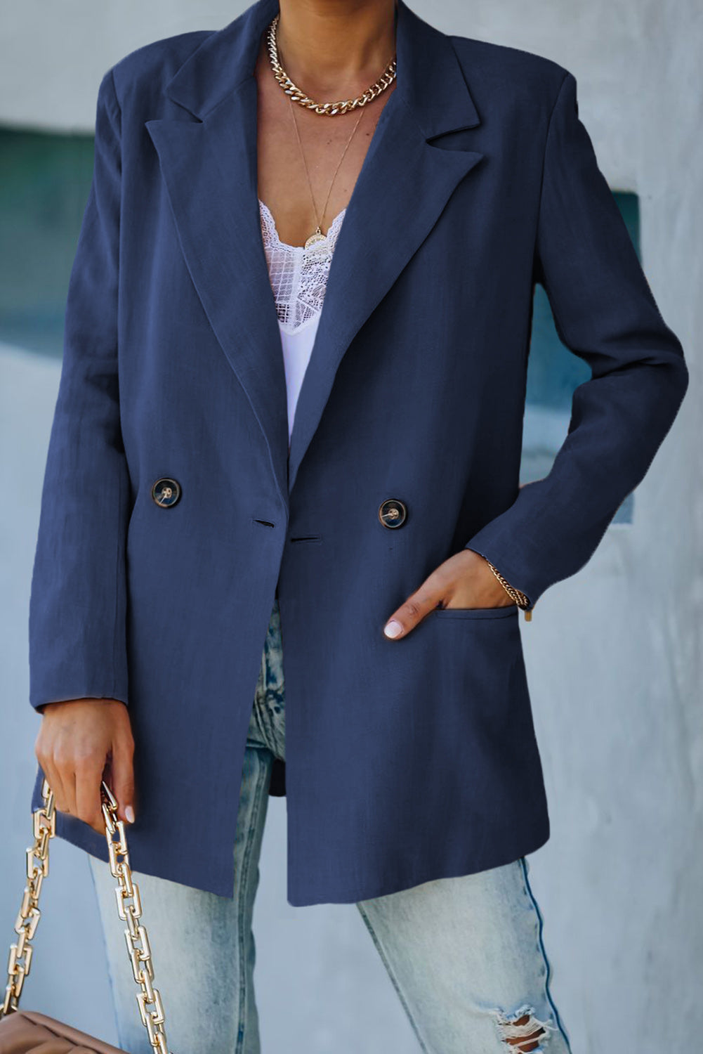 Double-Breasted Padded Shoulder Blazer with Pockets Print on any thing USA/STOD clothes