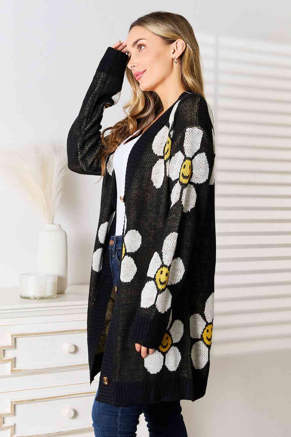 Double Take Floral Button Down Longline Cardigan Print on any thing USA/STOD clothes