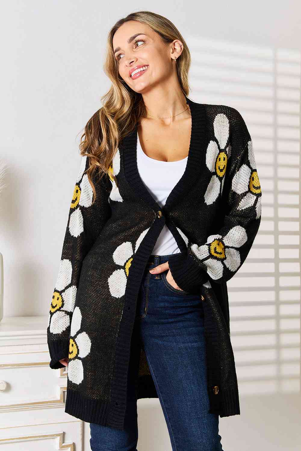 Double Take Floral Button Down Longline Cardigan Print on any thing USA/STOD clothes