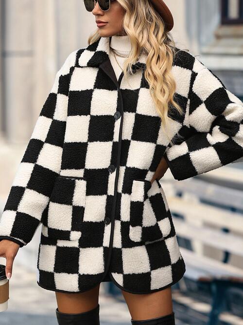 Double Take Full Size Checkered Button Front Coat with Pockets Print on any thing USA/STOD clothes