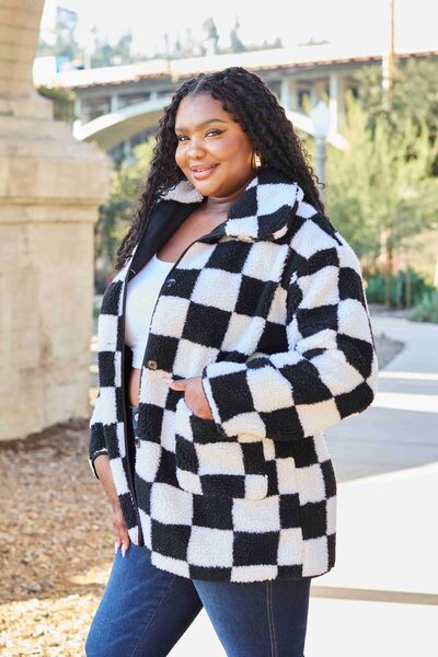 Double Take Full Size Checkered Button Front Coat with Pockets Print on any thing USA/STOD clothes
