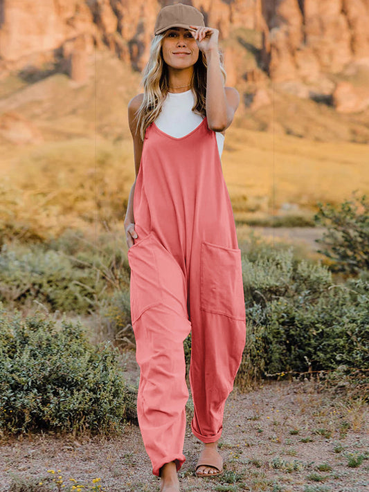 Double Take Full Size Sleeveless V-Neck Pocketed Jumpsuit Print on any thing USA/STOD clothes