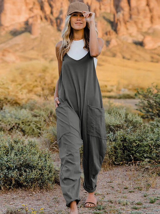 Double Take Full Size Sleeveless V-Neck Pocketed Jumpsuit Print on any thing USA/STOD clothes