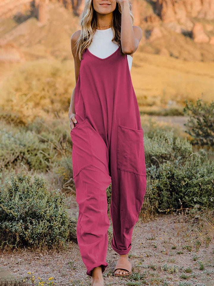 Double Take Full Size Sleeveless V-Neck Pocketed Jumpsuit Print on any thing USA/STOD clothes