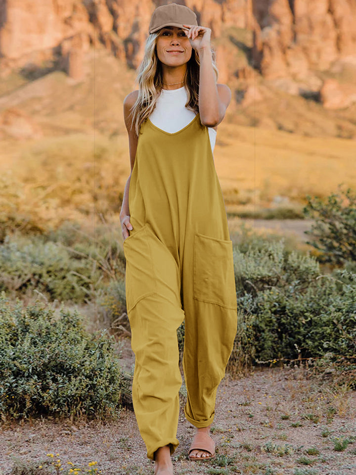 Double Take Full Size Sleeveless V-Neck Pocketed Jumpsuit Print on any thing USA/STOD clothes