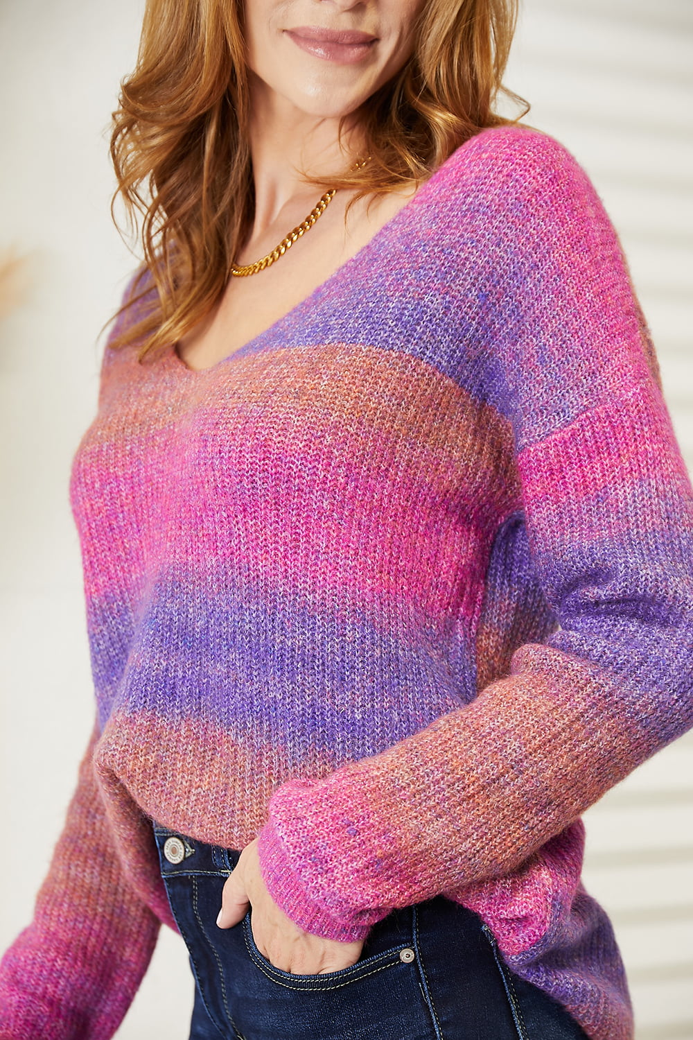 Double Take Multicolored Rib-Knit V-Neck Knit Pullover Print on any thing USA/STOD clothes