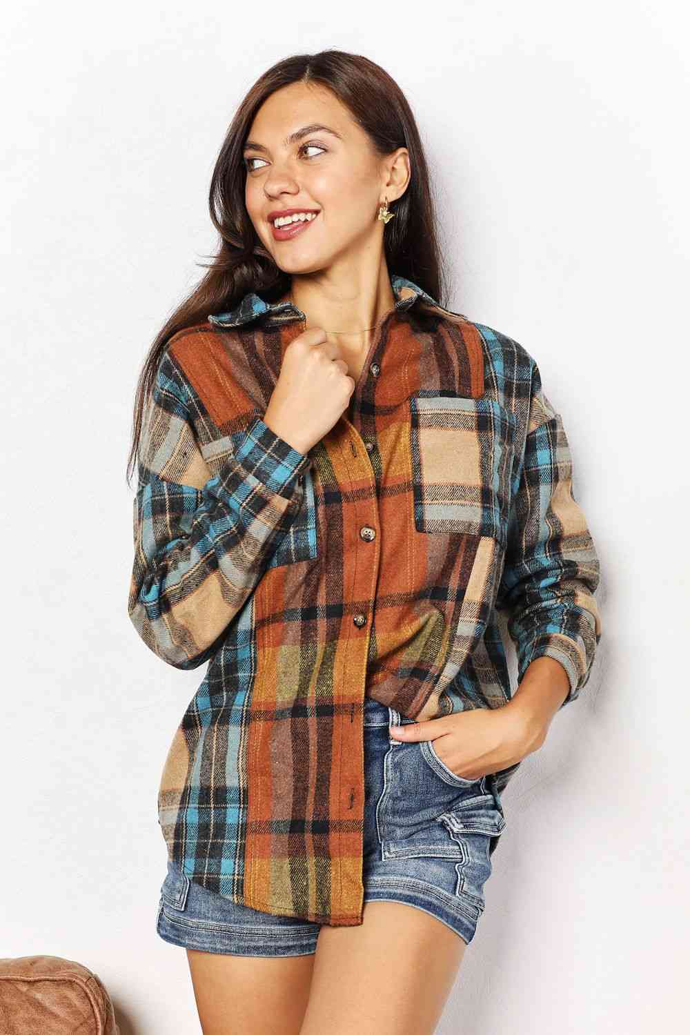 Double Take Plaid Curved Hem Shirt Jacket with Breast Pockets Print on any thing USA/STOD clothes