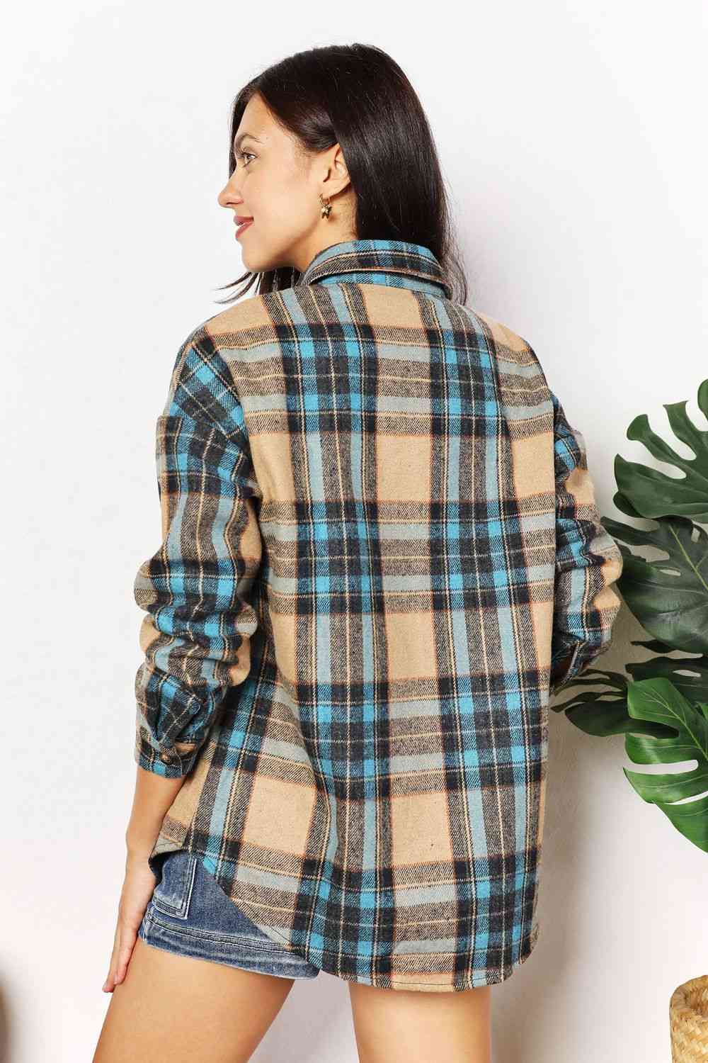 Double Take Plaid Curved Hem Shirt Jacket with Breast Pockets Print on any thing USA/STOD clothes