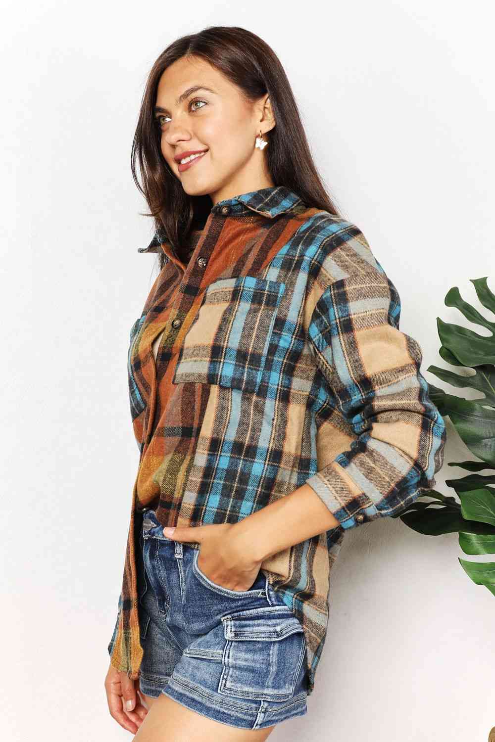 Double Take Plaid Curved Hem Shirt Jacket with Breast Pockets Print on any thing USA/STOD clothes