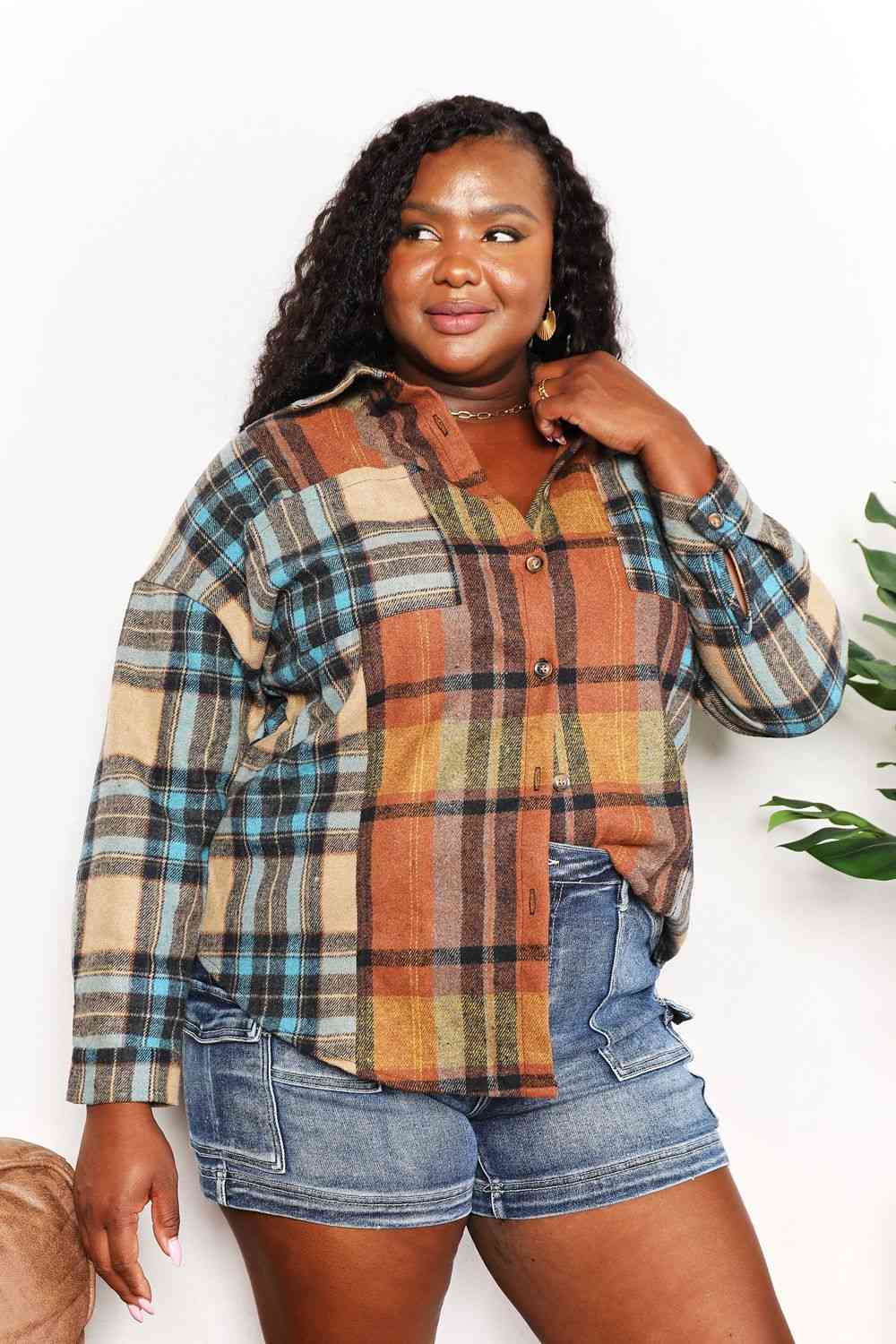 Double Take Plaid Curved Hem Shirt Jacket with Breast Pockets Print on any thing USA/STOD clothes