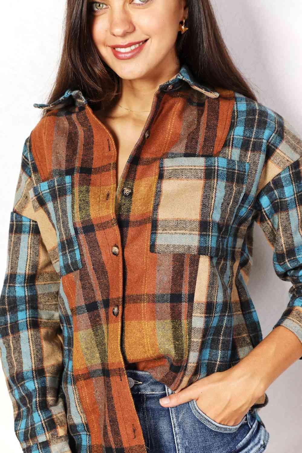 Double Take Plaid Curved Hem Shirt Jacket with Breast Pockets Print on any thing USA/STOD clothes