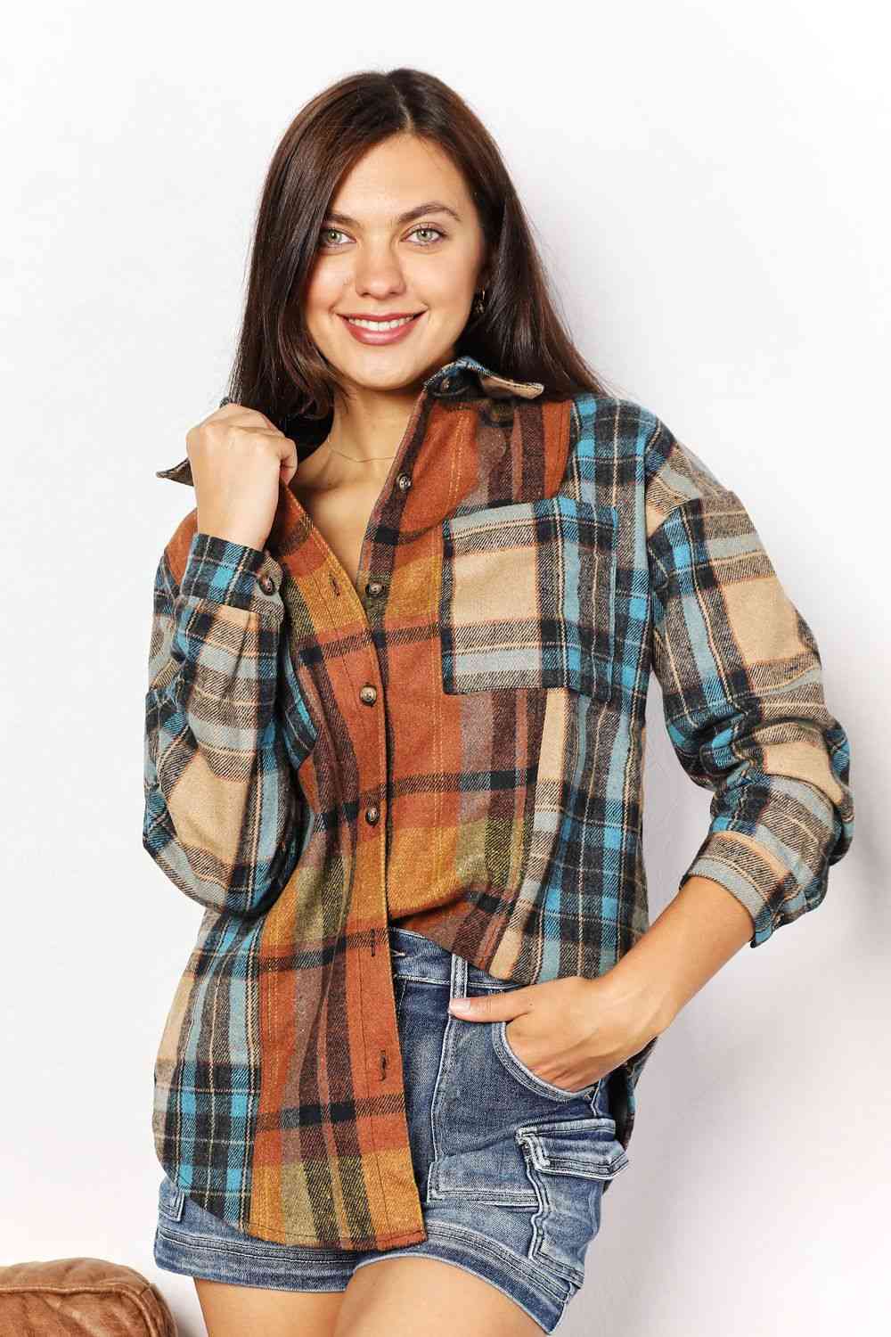 Double Take Plaid Curved Hem Shirt Jacket with Breast Pockets Print on any thing USA/STOD clothes