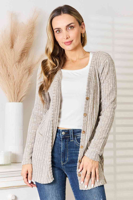 Double Take Ribbed Button-Up Cardigan with Pockets Print on any thing USA/STOD clothes