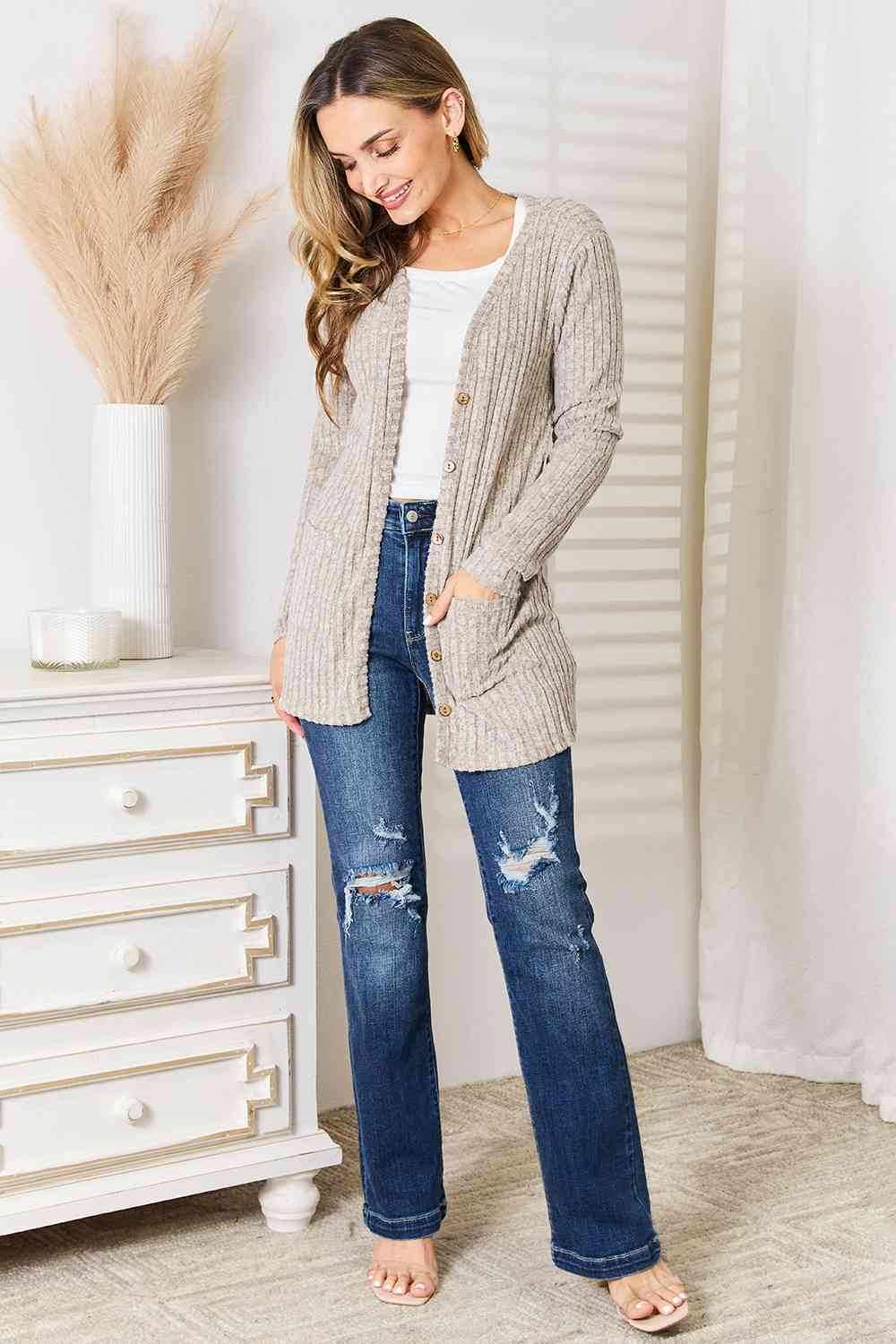 Double Take Ribbed Button-Up Cardigan with Pockets Print on any thing USA/STOD clothes