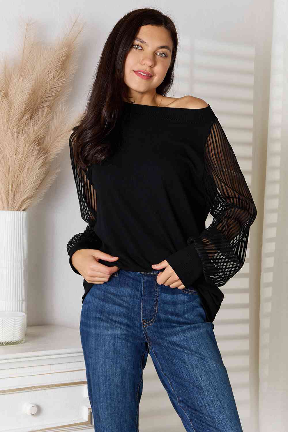 Double Take Round Neck Raglan Sleeve Blouse Print on any thing USA/STOD clothes