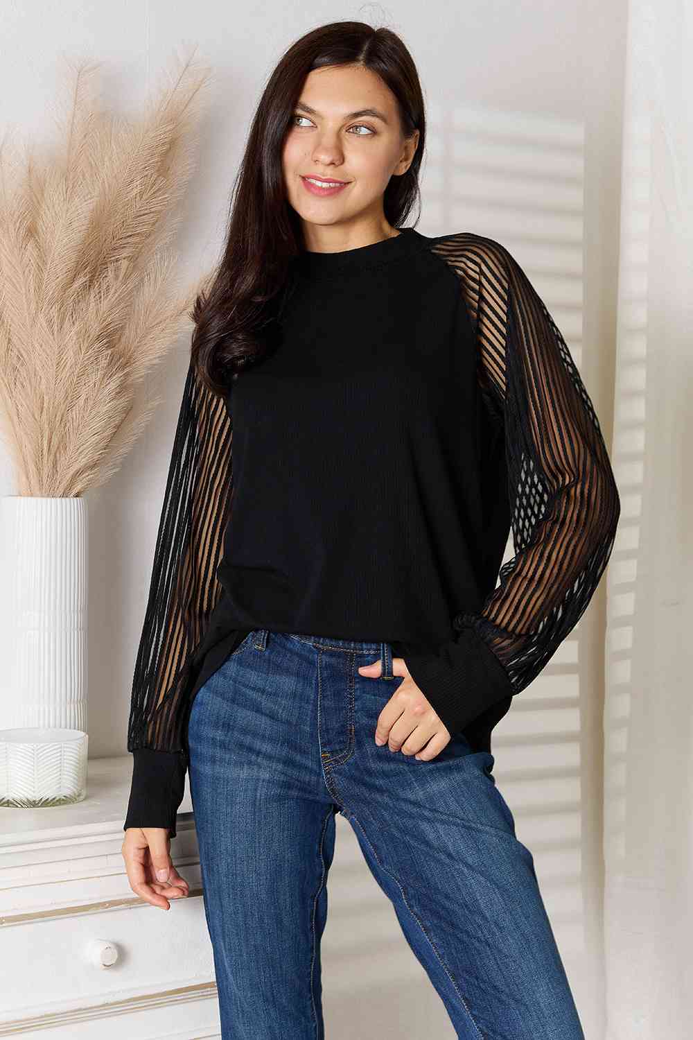 Double Take Round Neck Raglan Sleeve Blouse Print on any thing USA/STOD clothes