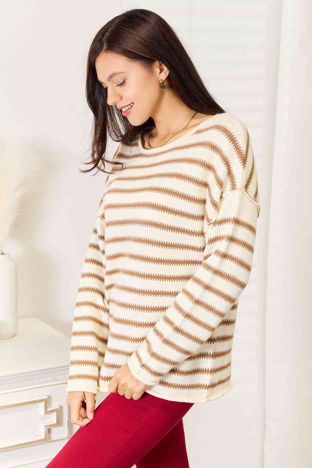 Double Take Striped Boat Neck Sweater Print on any thing USA/STOD clothes