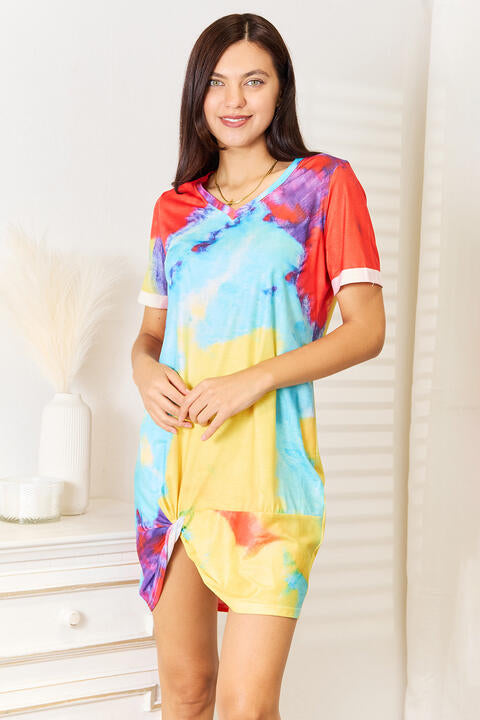 Double Take Tie-Dye V-Neck Twisted Dress Print on any thing USA/STOD clothes
