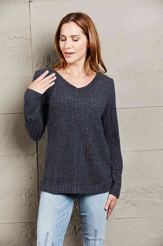 Double Take V-Neck Long Sleeve Ribbed Top Print on any thing USA/STOD clothes