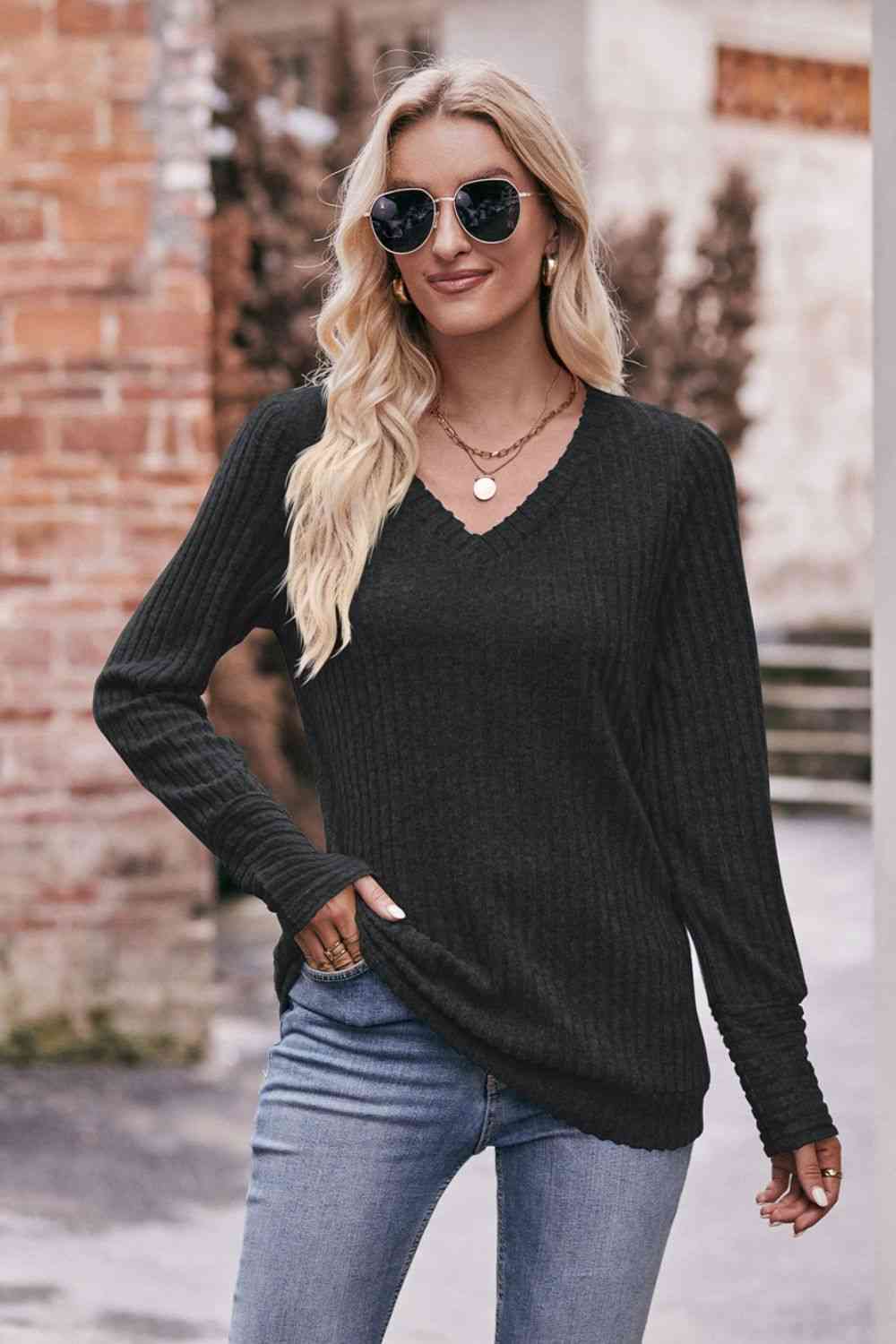 Double Take V-Neck Long Sleeve Ribbed Top Print on any thing USA/STOD clothes