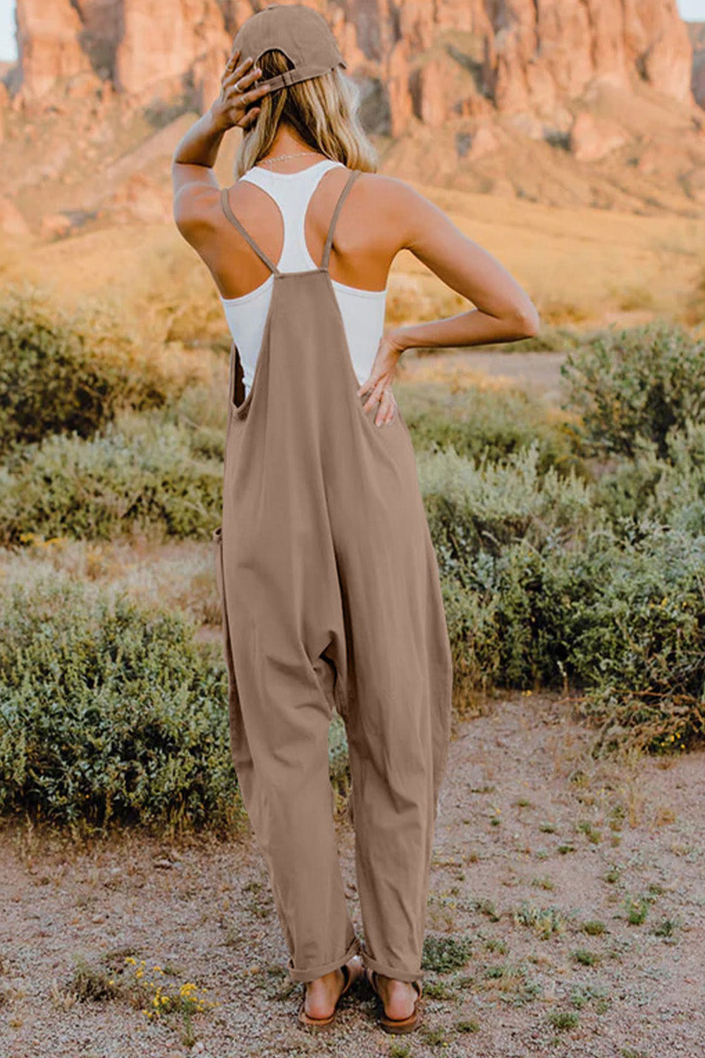 Double Take  V-Neck Sleeveless Jumpsuit with Pocket Print on any thing USA/STOD clothes