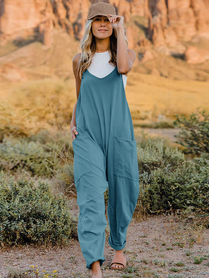 Double Take  V-Neck Sleeveless Jumpsuit with Pocket Print on any thing USA/STOD clothes