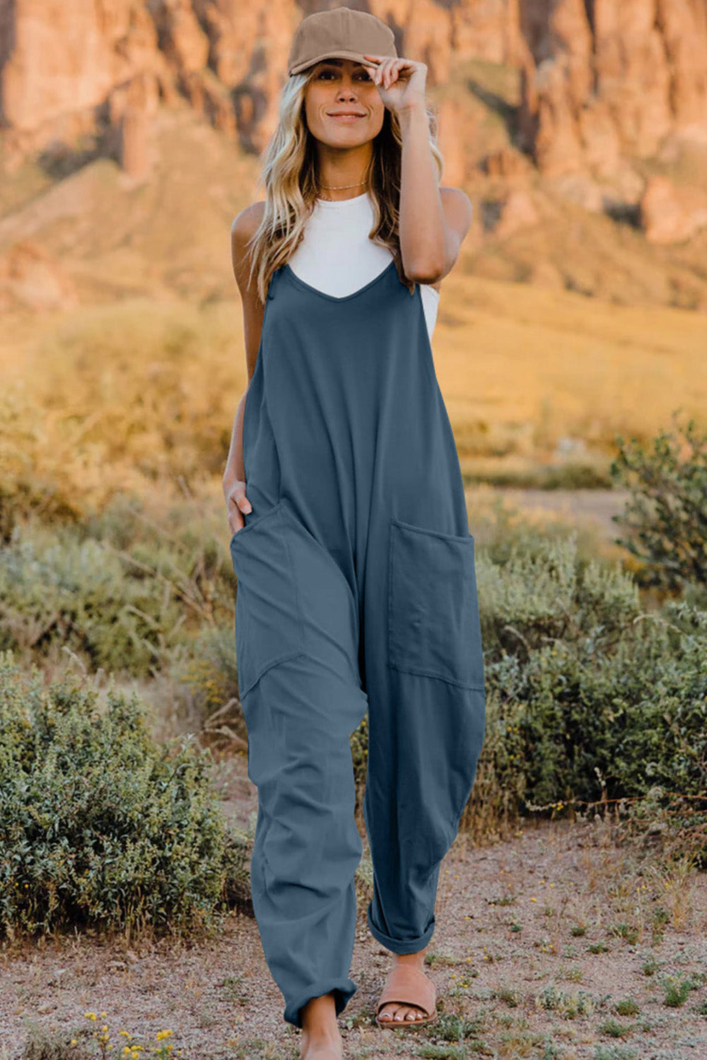 Double Take  V-Neck Sleeveless Jumpsuit with Pocket Print on any thing USA/STOD clothes