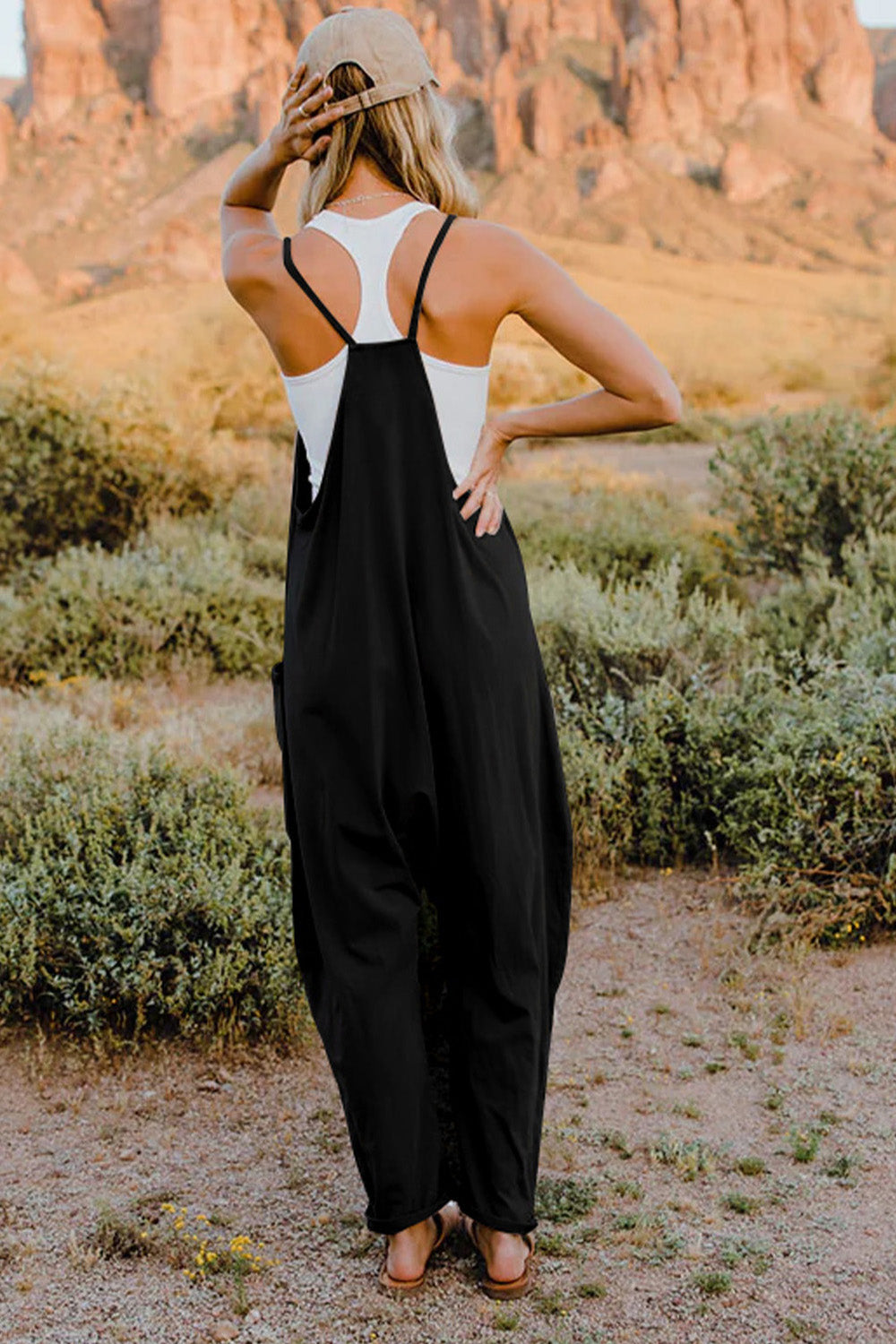 Double Take  V-Neck Sleeveless Jumpsuit with Pocket Print on any thing USA/STOD clothes