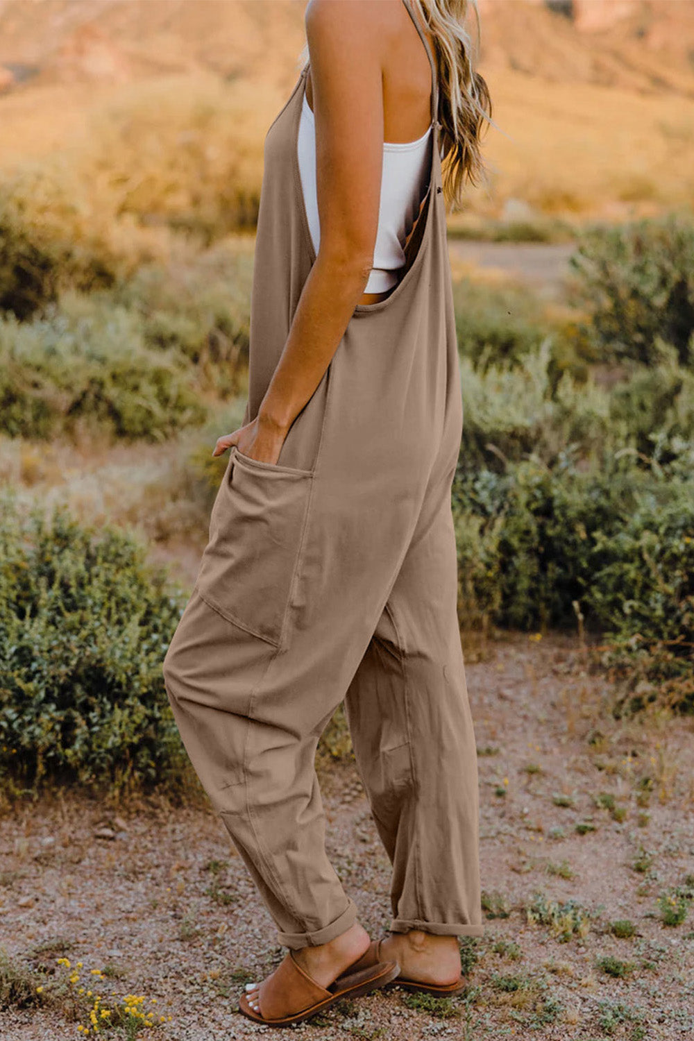 Double Take  V-Neck Sleeveless Jumpsuit with Pocket Print on any thing USA/STOD clothes