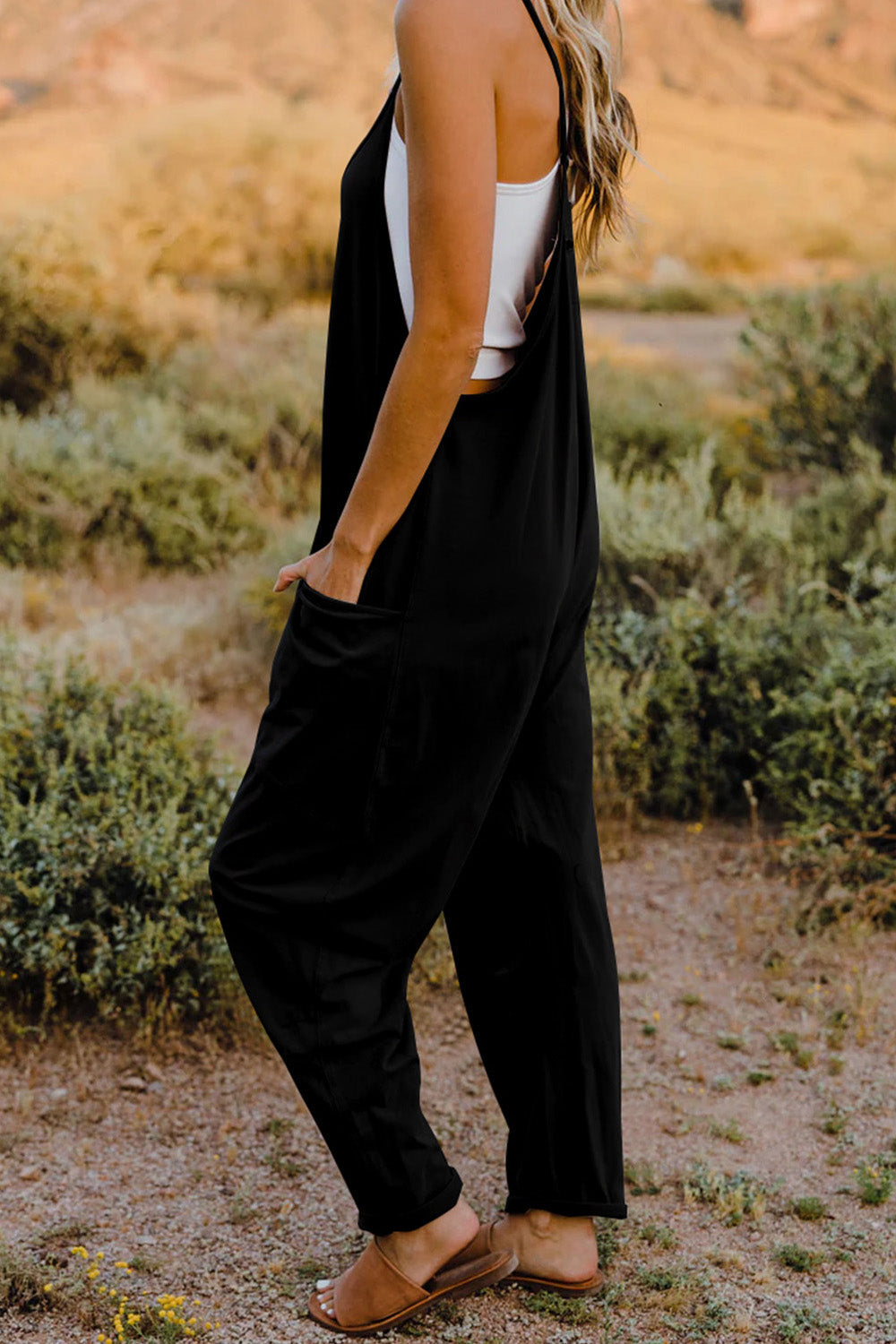 Double Take  V-Neck Sleeveless Jumpsuit with Pocket Print on any thing USA/STOD clothes