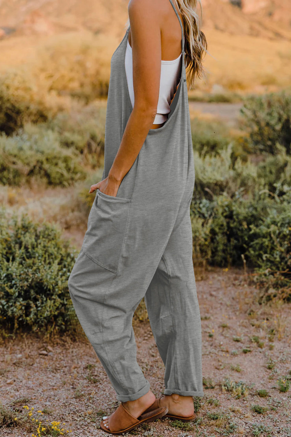 Double Take  V-Neck Sleeveless Jumpsuit with Pocket Print on any thing USA/STOD clothes