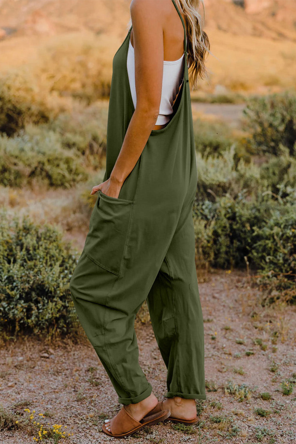 Double Take  V-Neck Sleeveless Jumpsuit with Pocket Print on any thing USA/STOD clothes