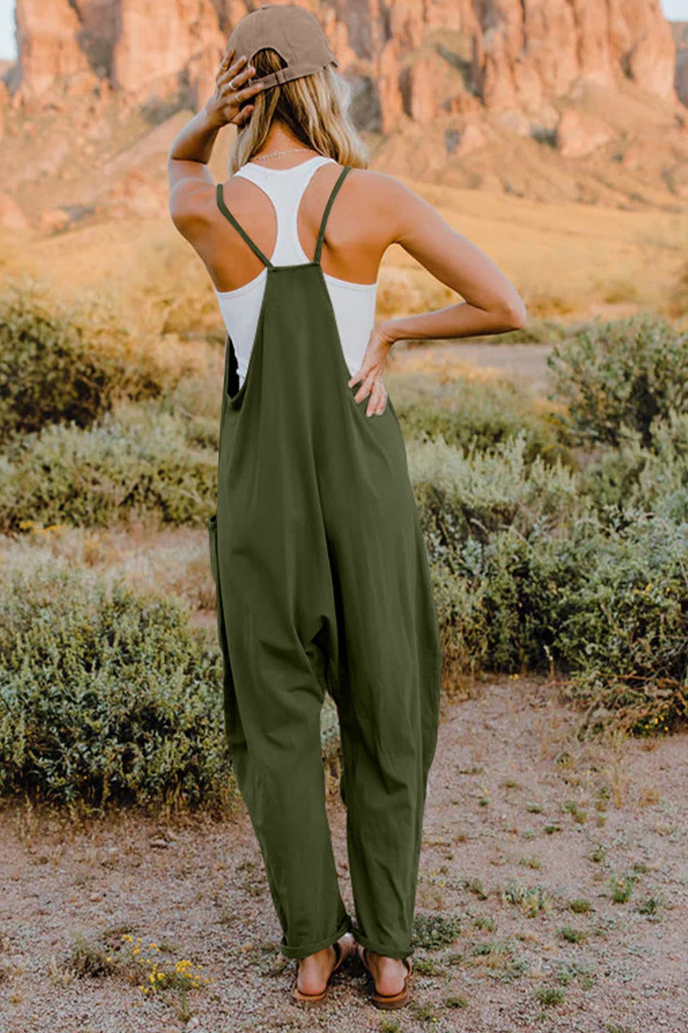 Double Take  V-Neck Sleeveless Jumpsuit with Pocket Print on any thing USA/STOD clothes