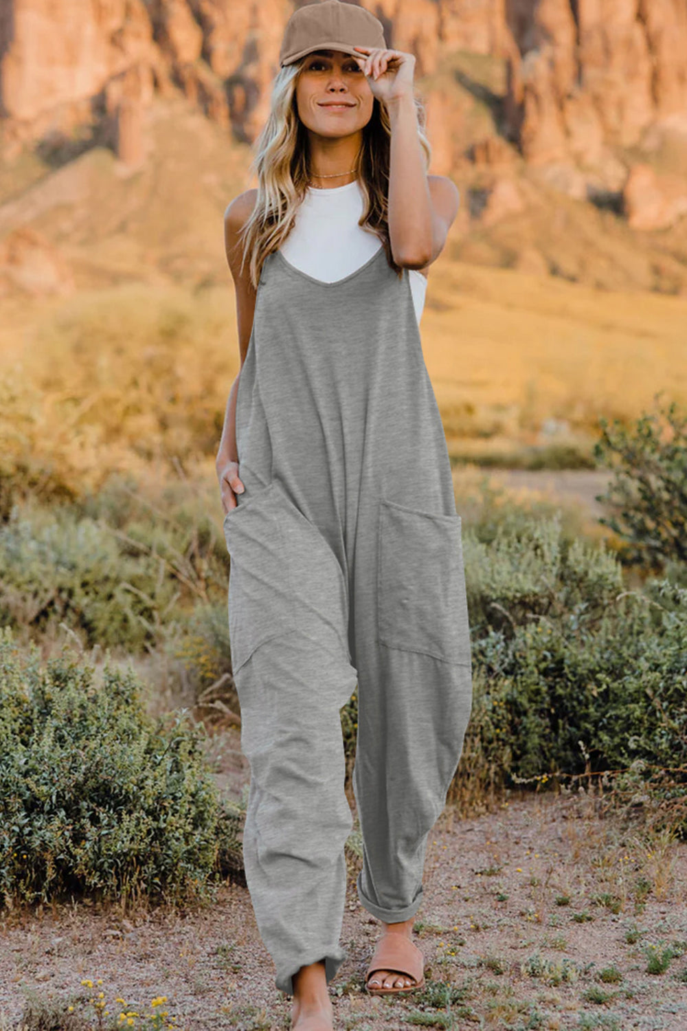 Double Take  V-Neck Sleeveless Jumpsuit with Pocket Print on any thing USA/STOD clothes