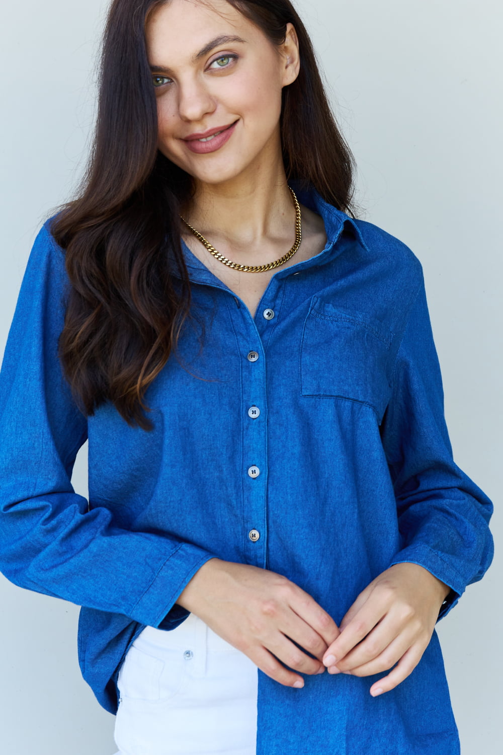 Doublju Blue Jean Baby Denim Button Down Shirt Top in Dark Blue Print on any thing USA/STOD clothes