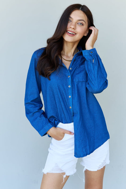 Doublju Blue Jean Baby Denim Button Down Shirt Top in Dark Blue Print on any thing USA/STOD clothes