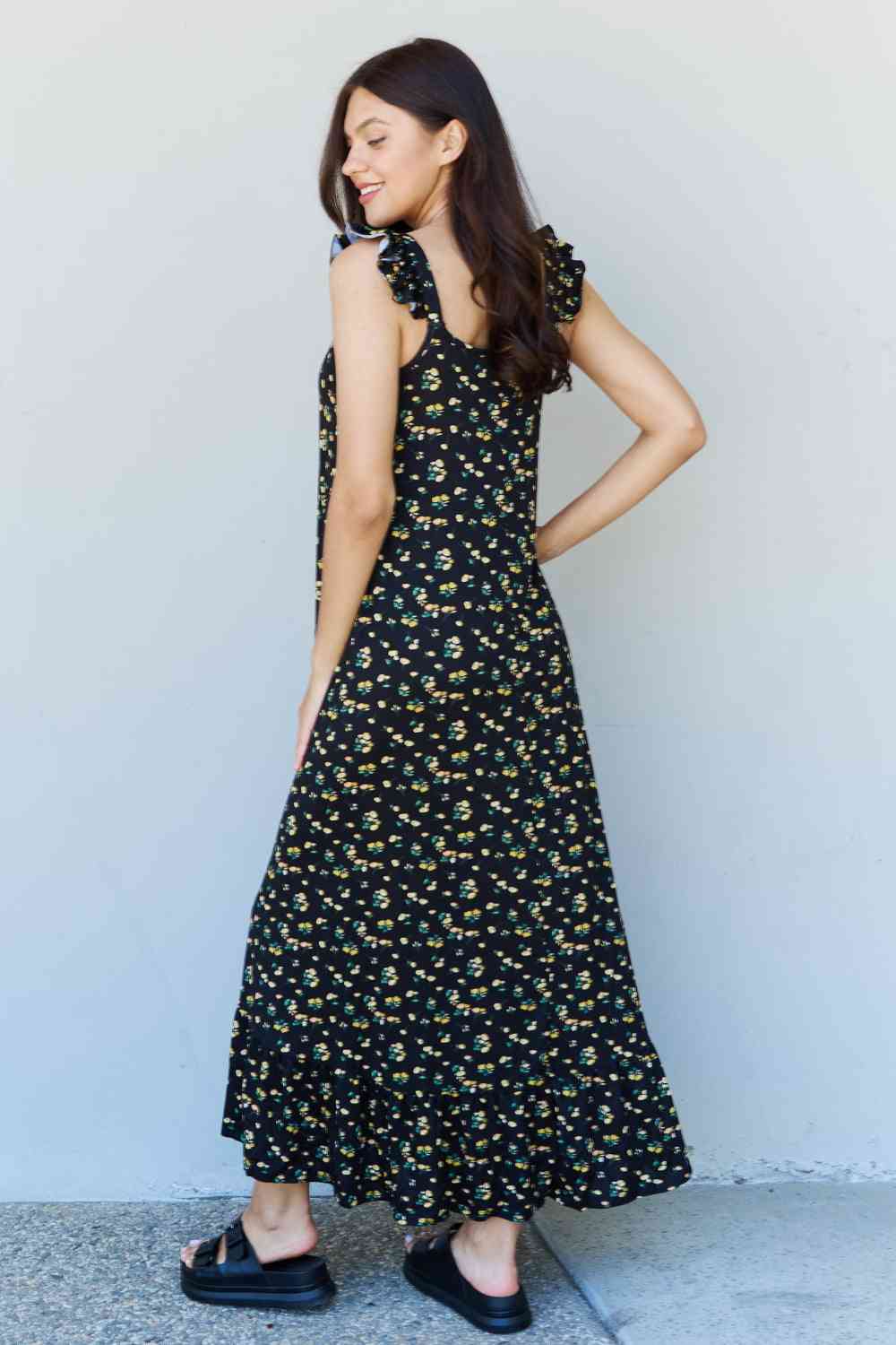 Doublju In The Garden Ruffle Floral Maxi Dress in  Black Yellow Floral Print on any thing USA/STOD clothes