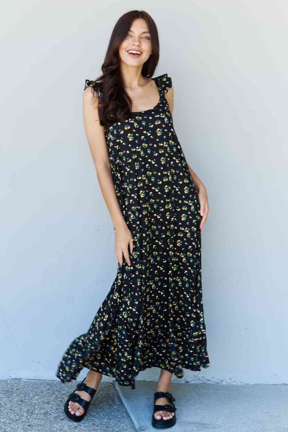 Doublju In The Garden Ruffle Floral Maxi Dress in  Black Yellow Floral Print on any thing USA/STOD clothes